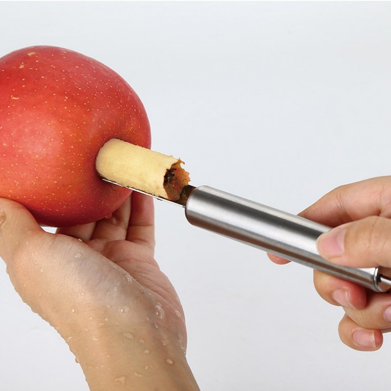 Stainless steel fruit core remover for apples and pears