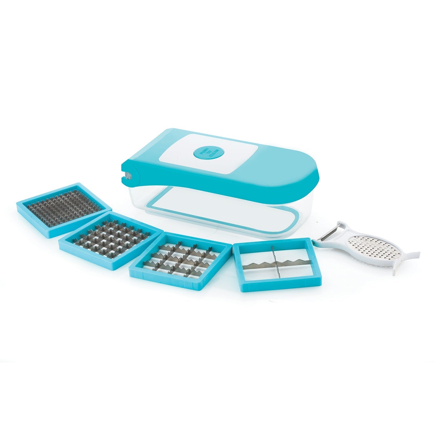 Ganesh 7-in-1 dicer in blue, various angles and details.