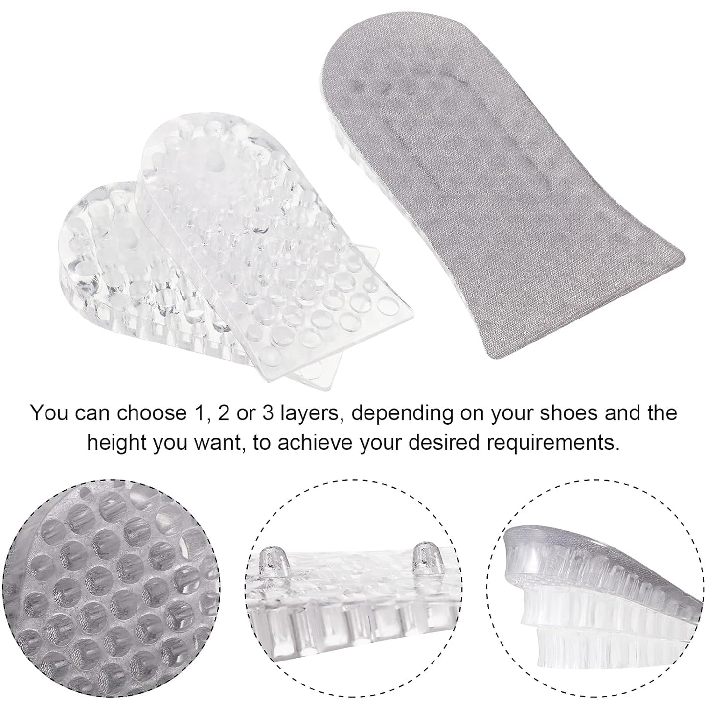 2 Pairs Heel Lift Inserts Height Increase Insole Invisible Heightening Insole Sillicone 3-Layer Heel Support Insoles Height-Adjustable Shoe Pads Foot Cushion for Shoes