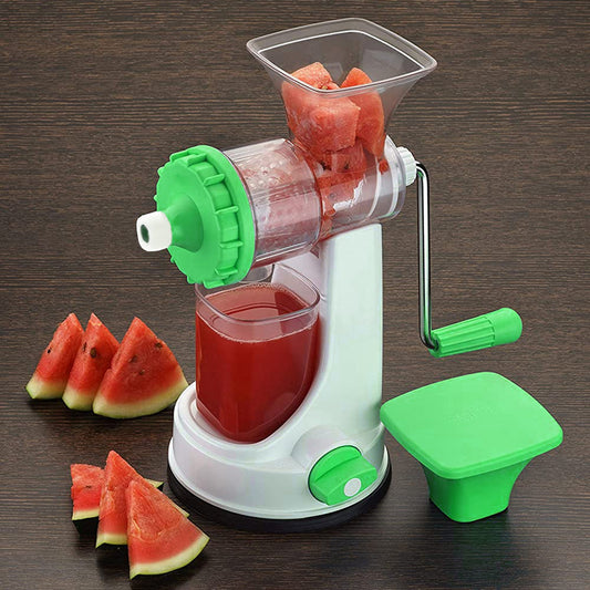 Manual fruit and vegetable juicer with steel handle.