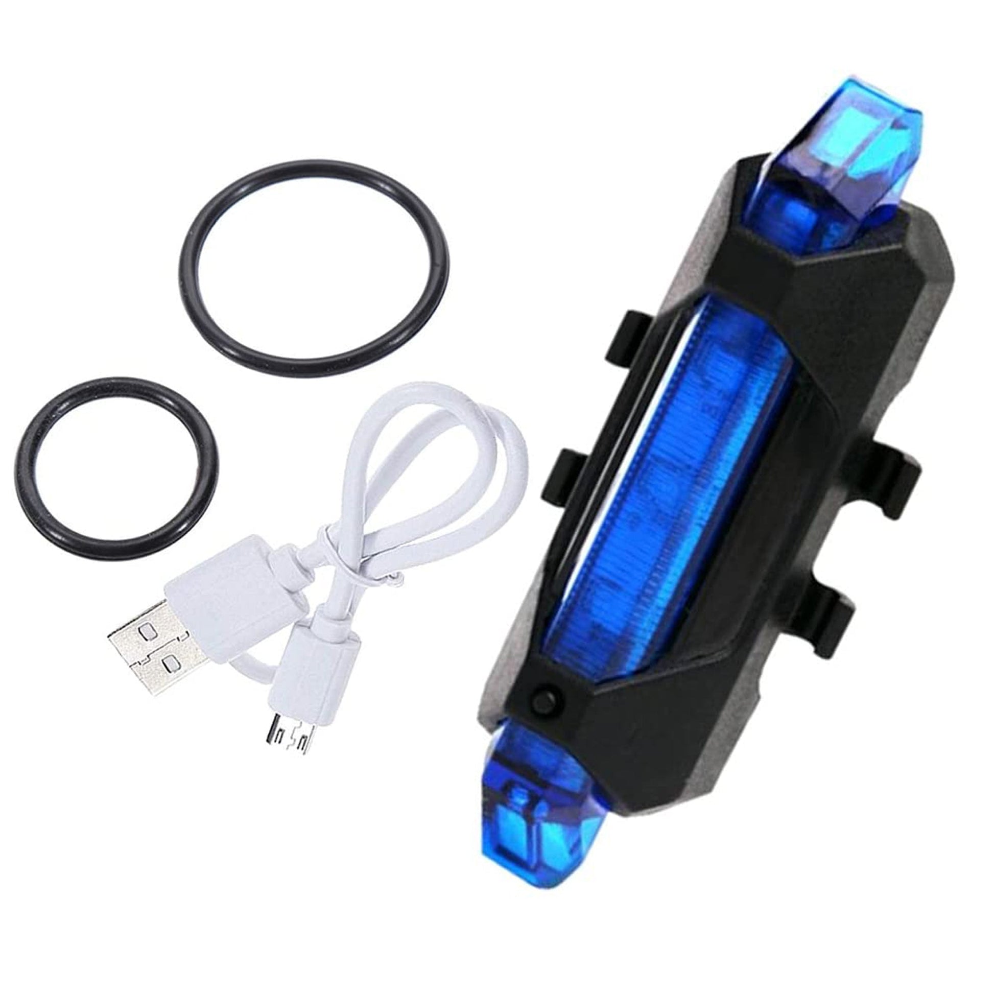 Rechargeable blue LED light for bike front, waterproof design.