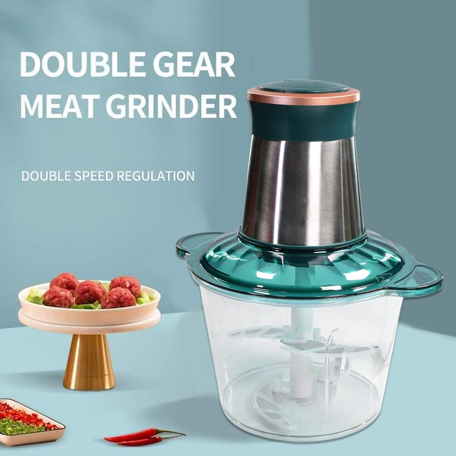 Electric meat grinder with stainless steel components and bowl