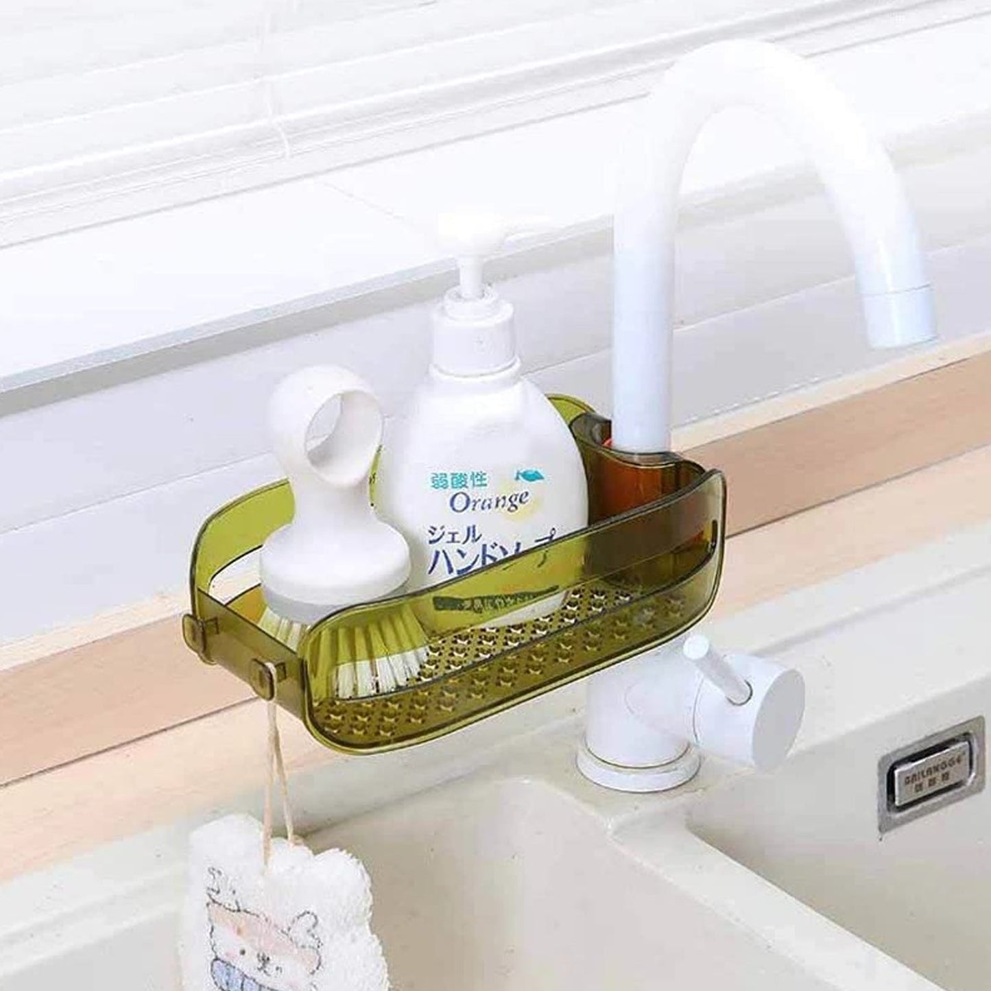 Plastic faucet drain basket, hanging on sink faucet