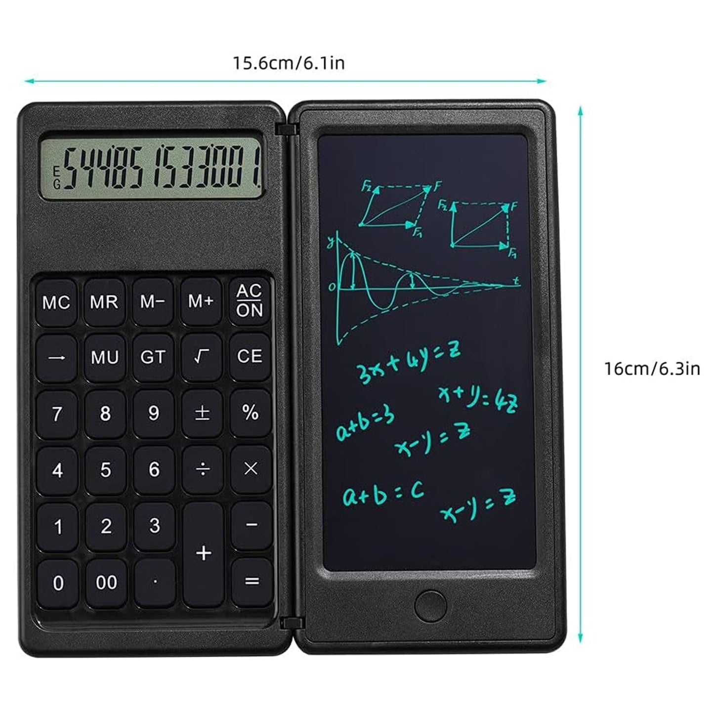 Foldable smart calculator with 6-inch LCD tablet, stylus, and lock function