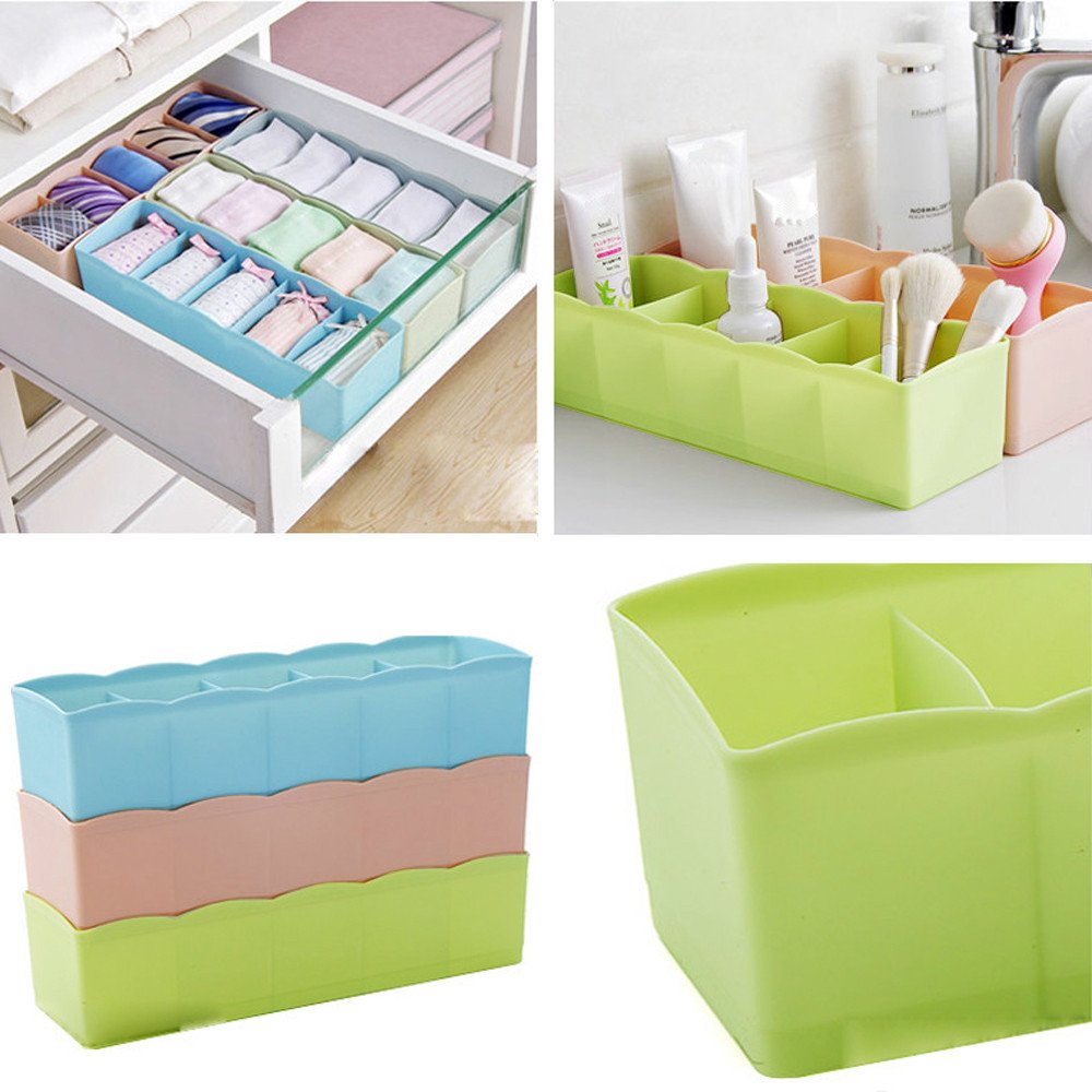 Multi-colored tray with clear plastic and dividers for organizing small beads.