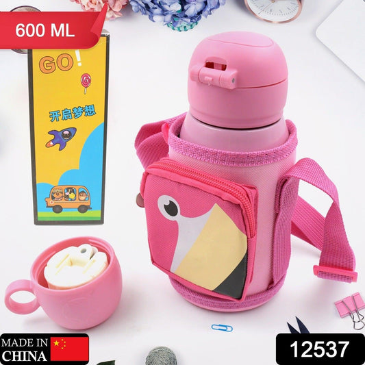 Love Baby Cute Animals Prints Kids Bottle Sipper for HOT N Cold Water, Milk, Juice with Bottle Cover, Cup, Zip Pocket & Straw to Keep Things Orange Green Pink Colors for Outdoor / Office / Gym / School (600 ML)