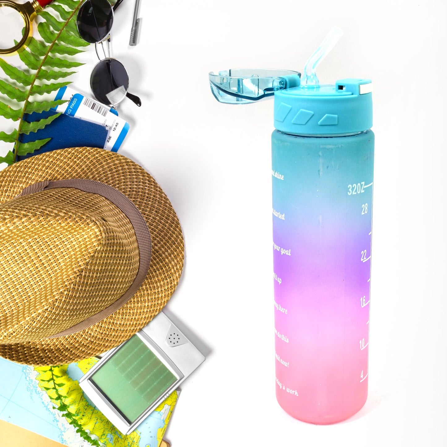 Plastic Colorful Motivational Water Bottle with Straw (900 ML)