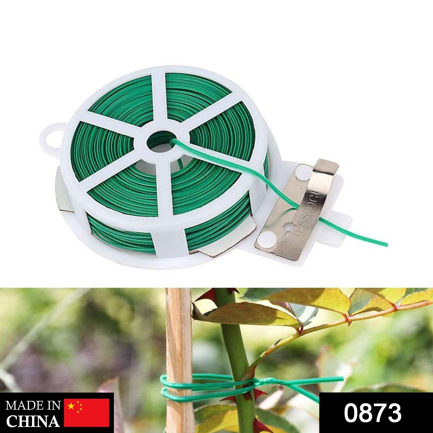 Green plastic twist tie spool for garden plants with attached cutter.