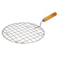 Round stainless steel barbecue grill with wooden handle.