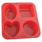 Silicone mold set with circle, square, oval, and heart shapes for soap or mini cakes.