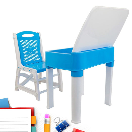 Blue study table and chair set with small pencil box, designed for boys and girls.