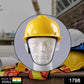 Bright yellow construction helmet, made of sturdy plastic for safety.