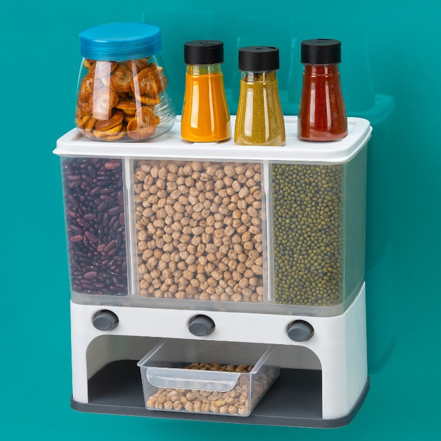 Cereal dispenser with wall mount and push button