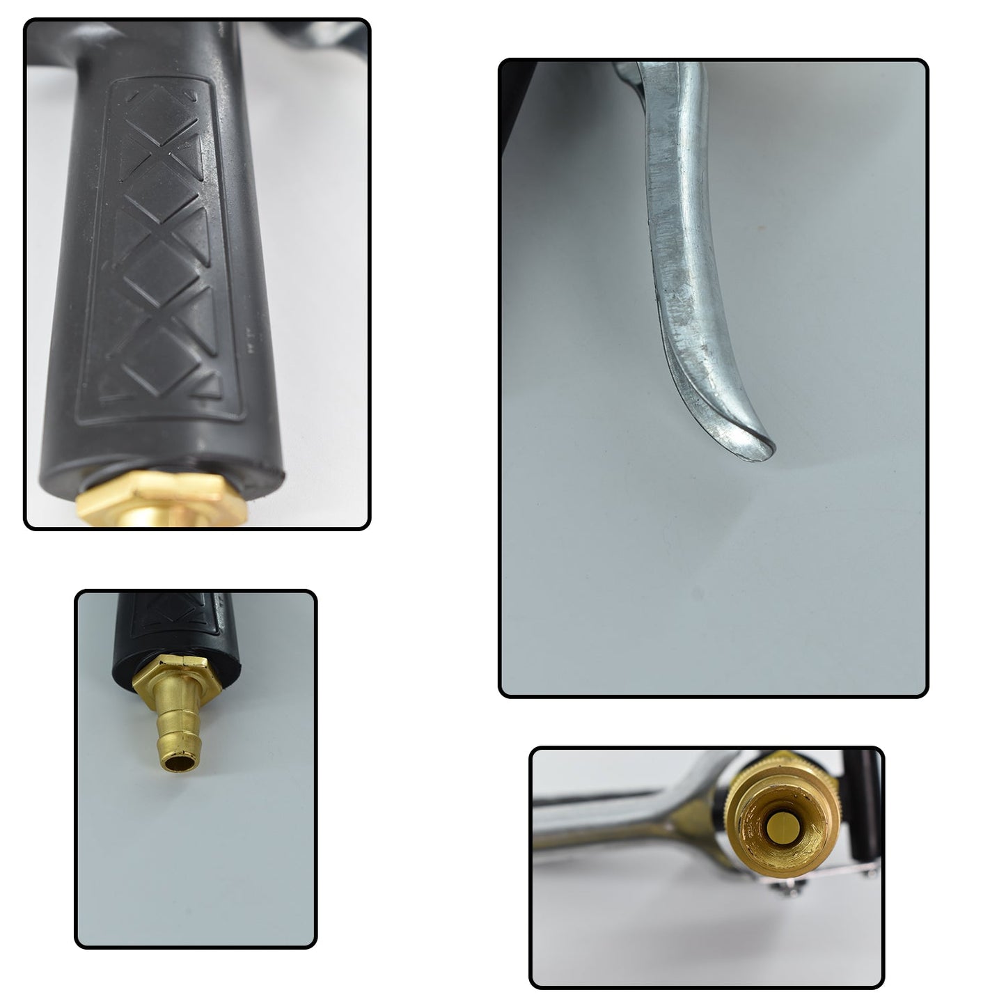 Gold trigger hose nozzle, durable for water spraying, lever operated.