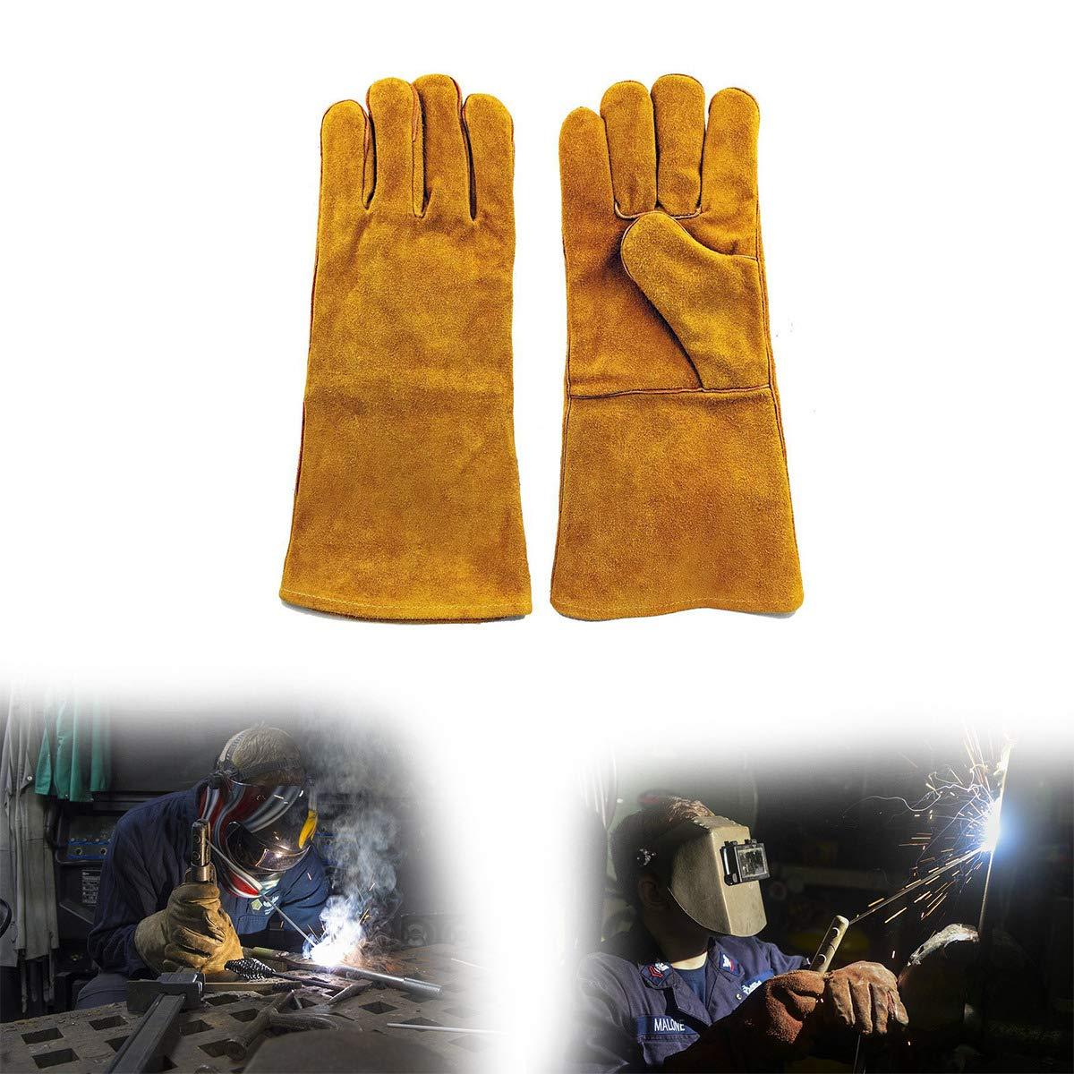 Durable welding gloves resistant to heat.