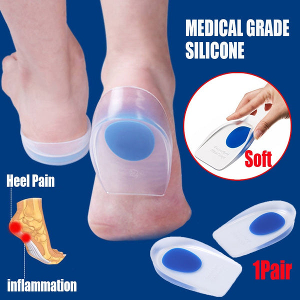 Soft silicone heel cups to alleviate ankle and heel discomfort.