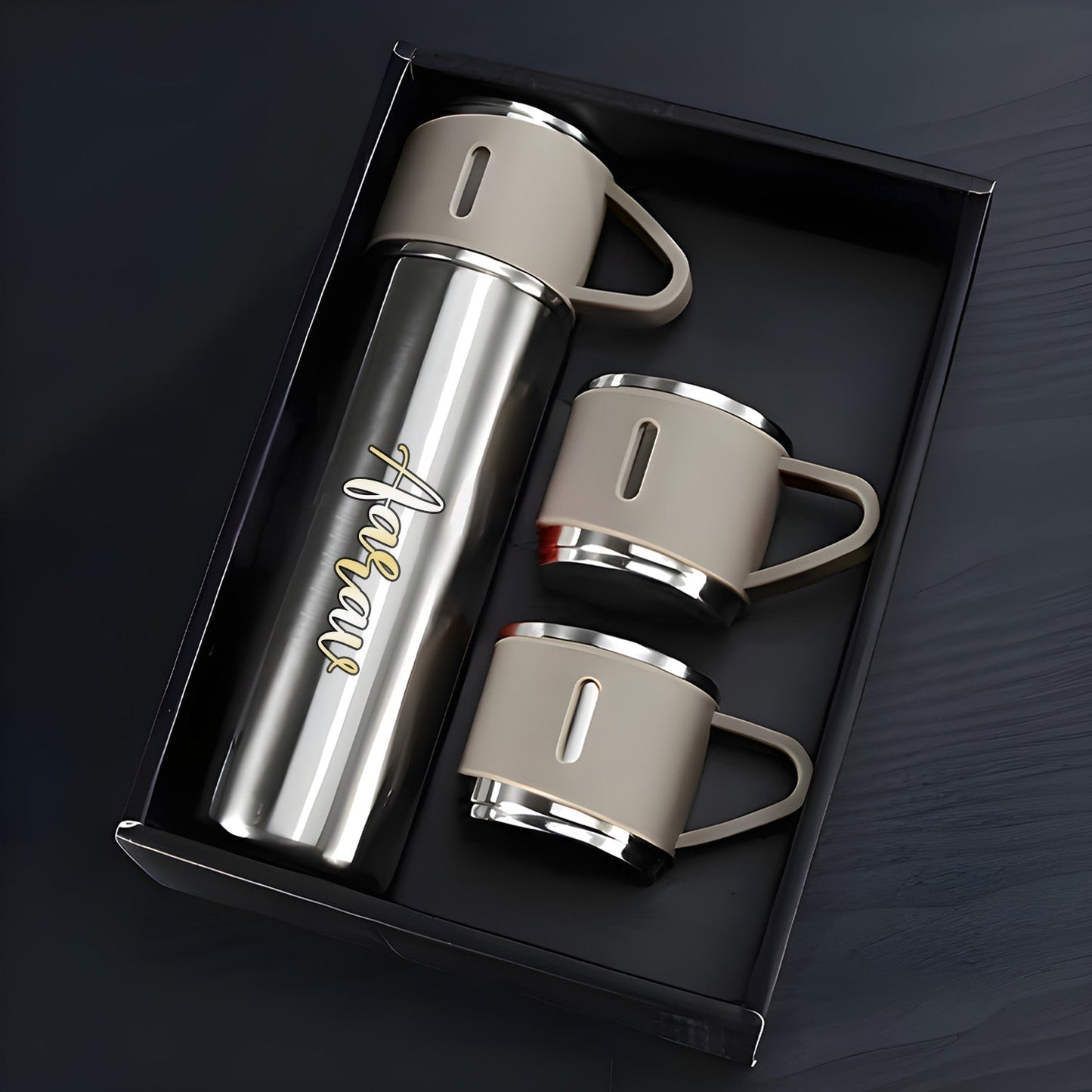 Customized Stainless Steel Vacuum Flask Set with 3 Cups – 500ML | Personalized Name Bottle Gift Combo for Boyfriend, Girlfriend, Employee