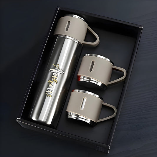 Customized Stainless Steel Vacuum Flask Set with 3 Cups – 500ML | Personalized Name Bottle Gift Combo for Boyfriend, Girlfriend, Employee