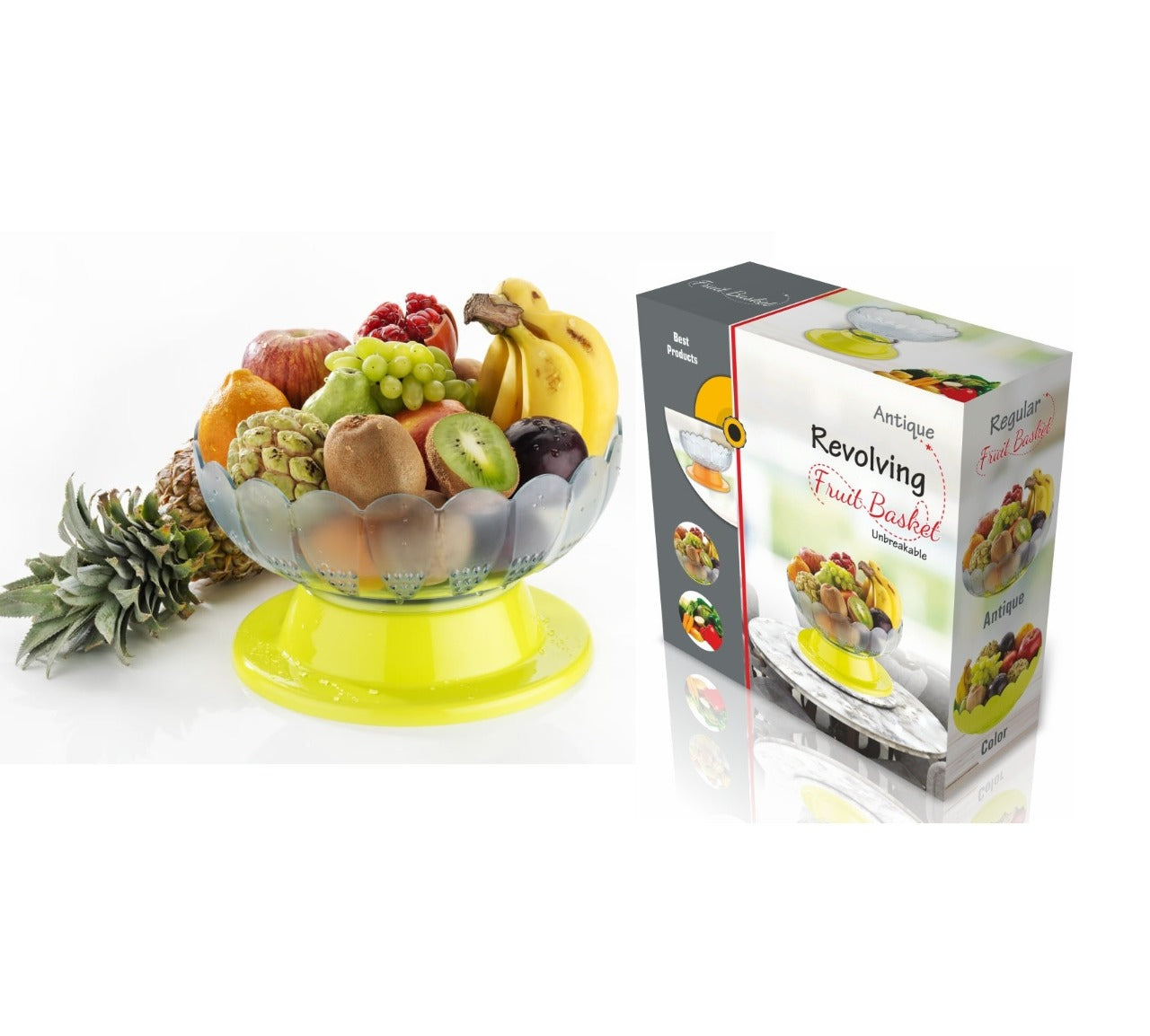 Revolving bowl for fruits and vegetables with a round design