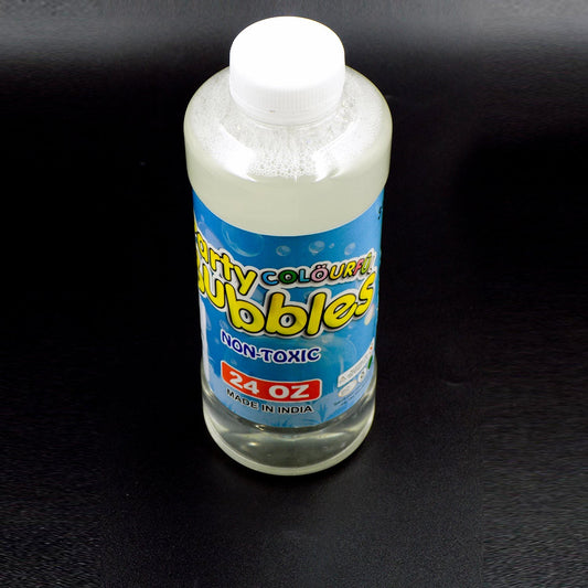 750ml bubble gun liquid refill in a clear plastic bottle with a blue cap