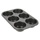 Reliable muffin cup tray with non-stick surface, 6 slots.