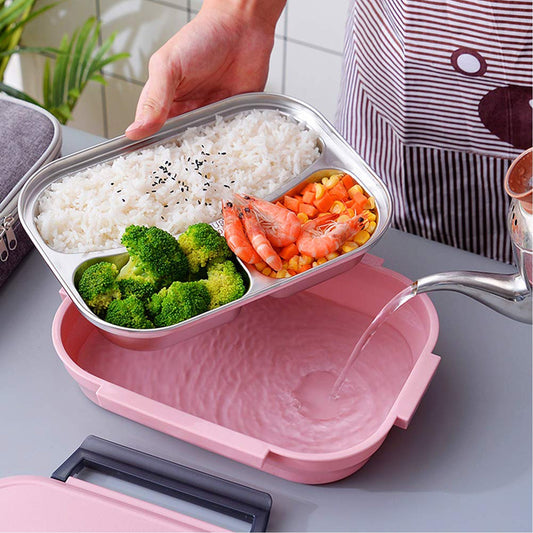 Pink stainless steel lunch box with three compartments and spoon slot