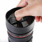 Coffee mug designed as a camera lens, with a secure lid