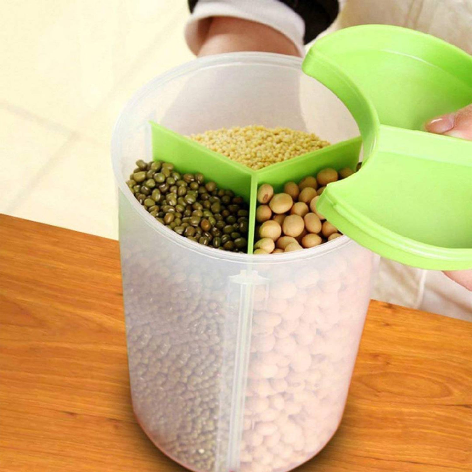 Three-in-one transparent container with an airtight feature and color packaging.