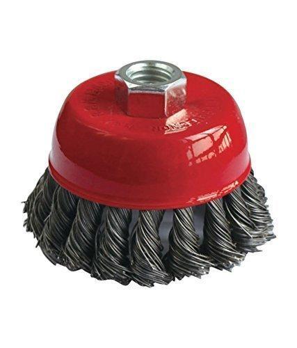 Black wire wheel brush for cleaning metal surfaces.