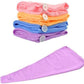 Soft microfiber hair-drying towel, turban style for quick drying.