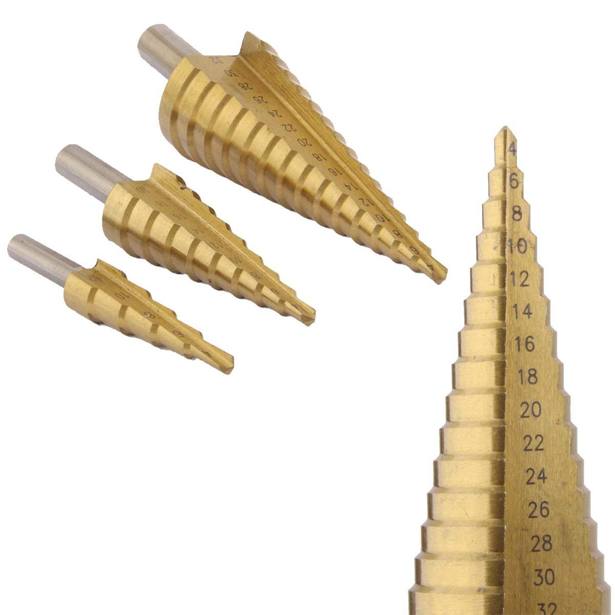 HSS steel and titanium step cone drill bit set for precision.