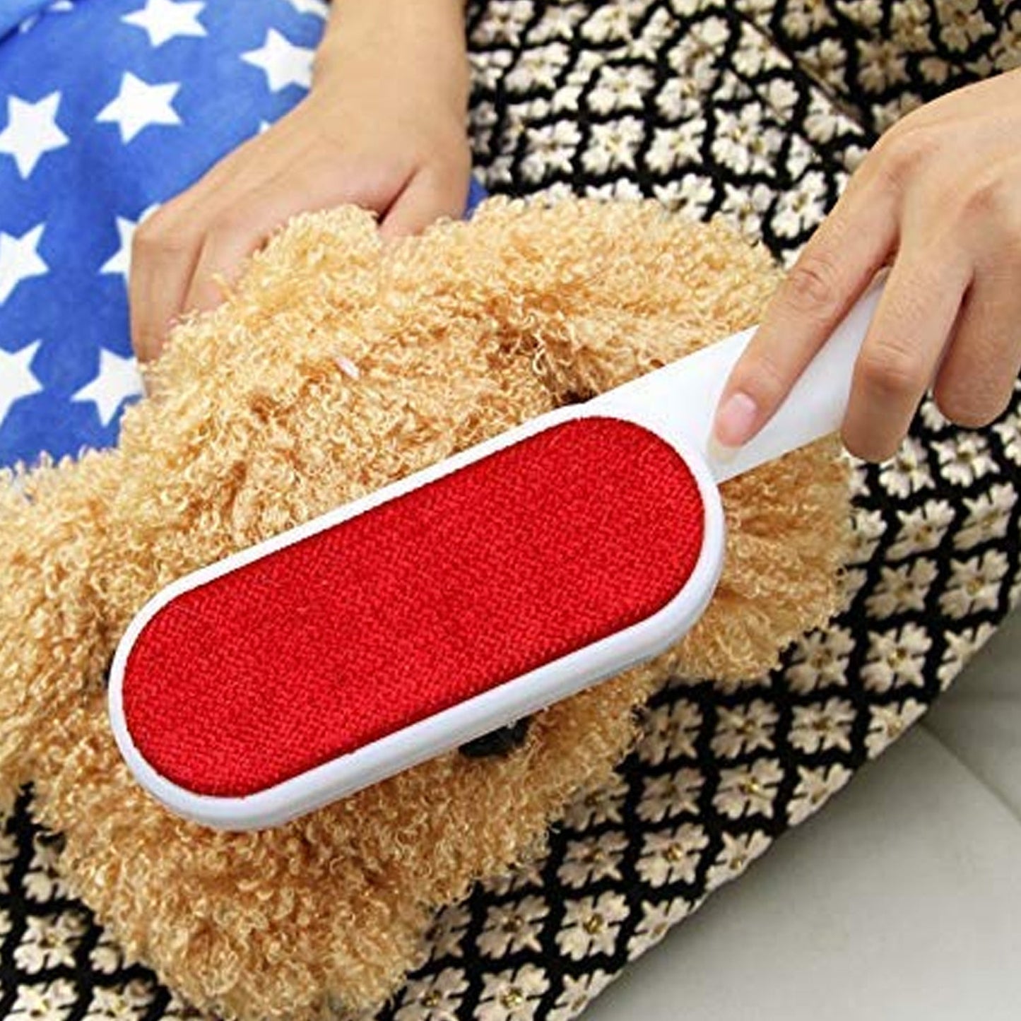 Double-sided pet hair remover brush.