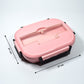 Pink lunch box with three stainless steel compartments and spoon holder