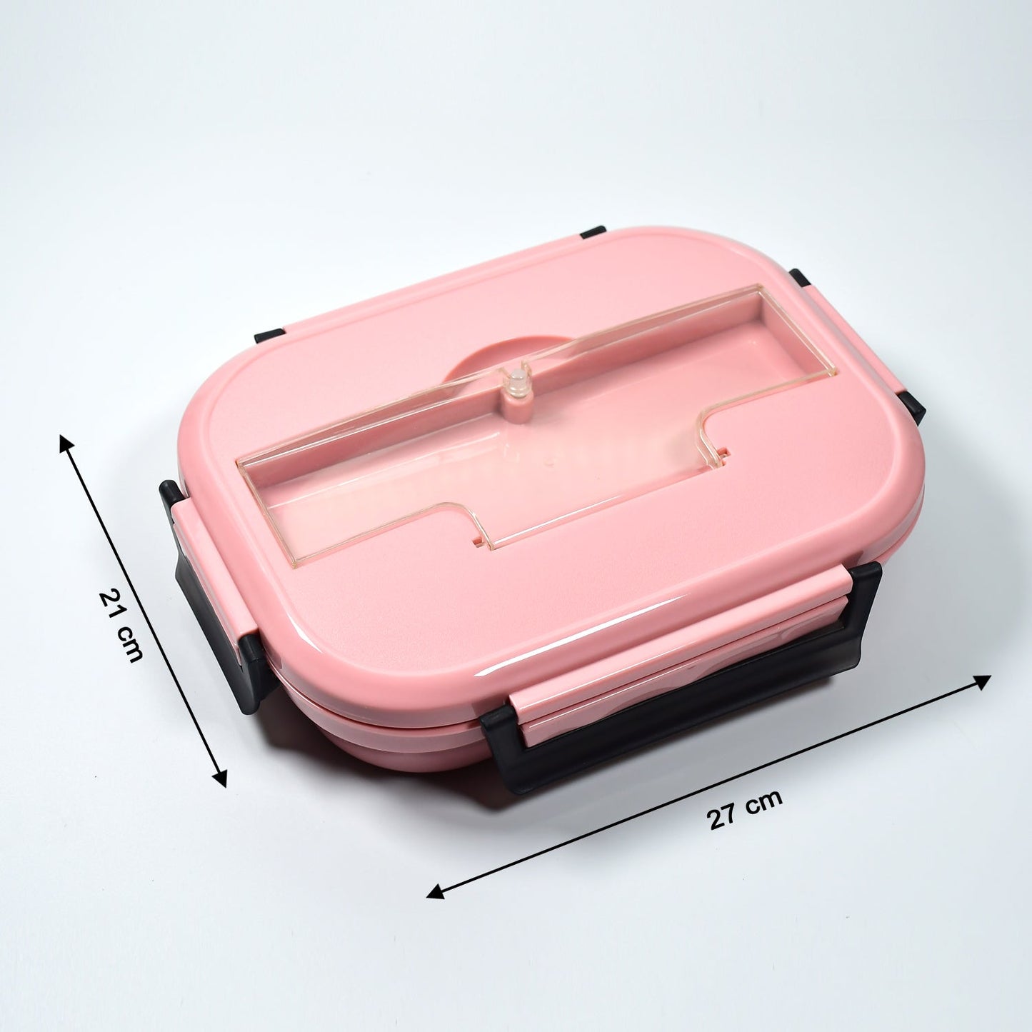 Pink lunch box with three stainless steel compartments and spoon holder