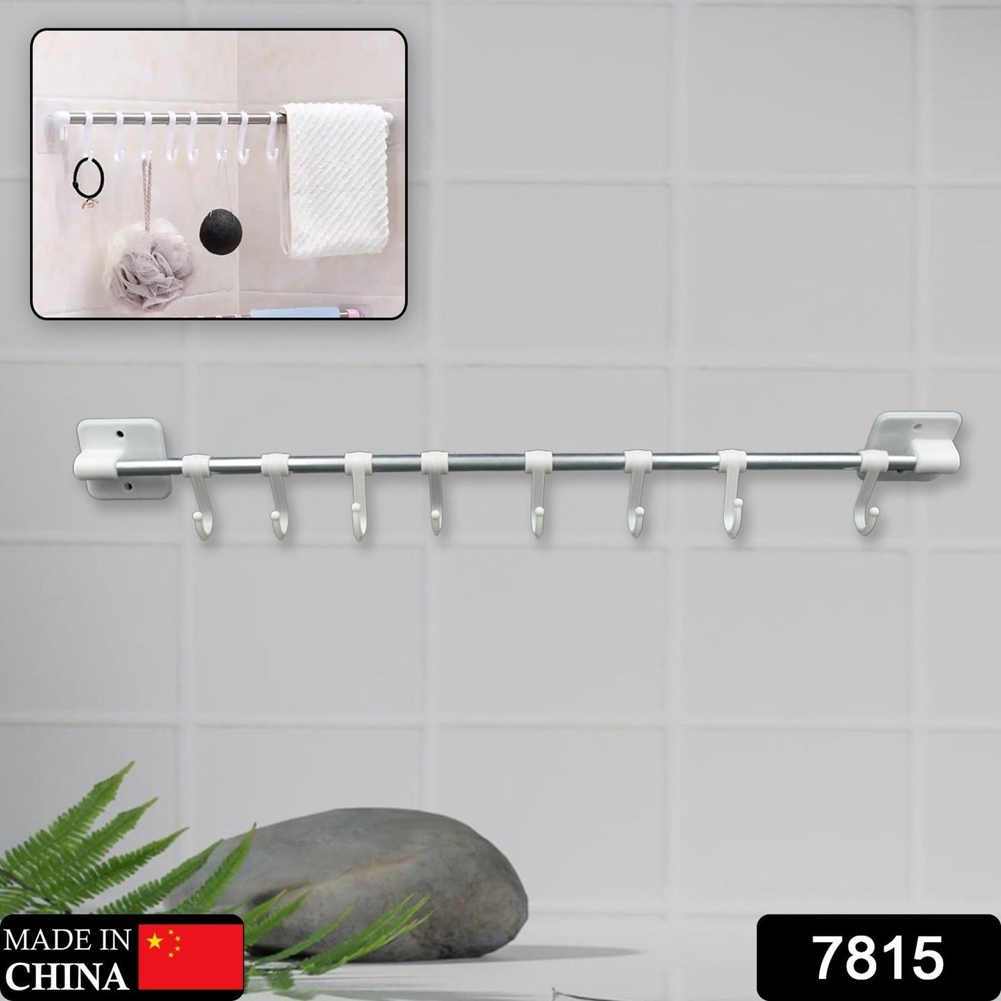 Stainless steel wall rack with 8 hooks, for kitchen storage