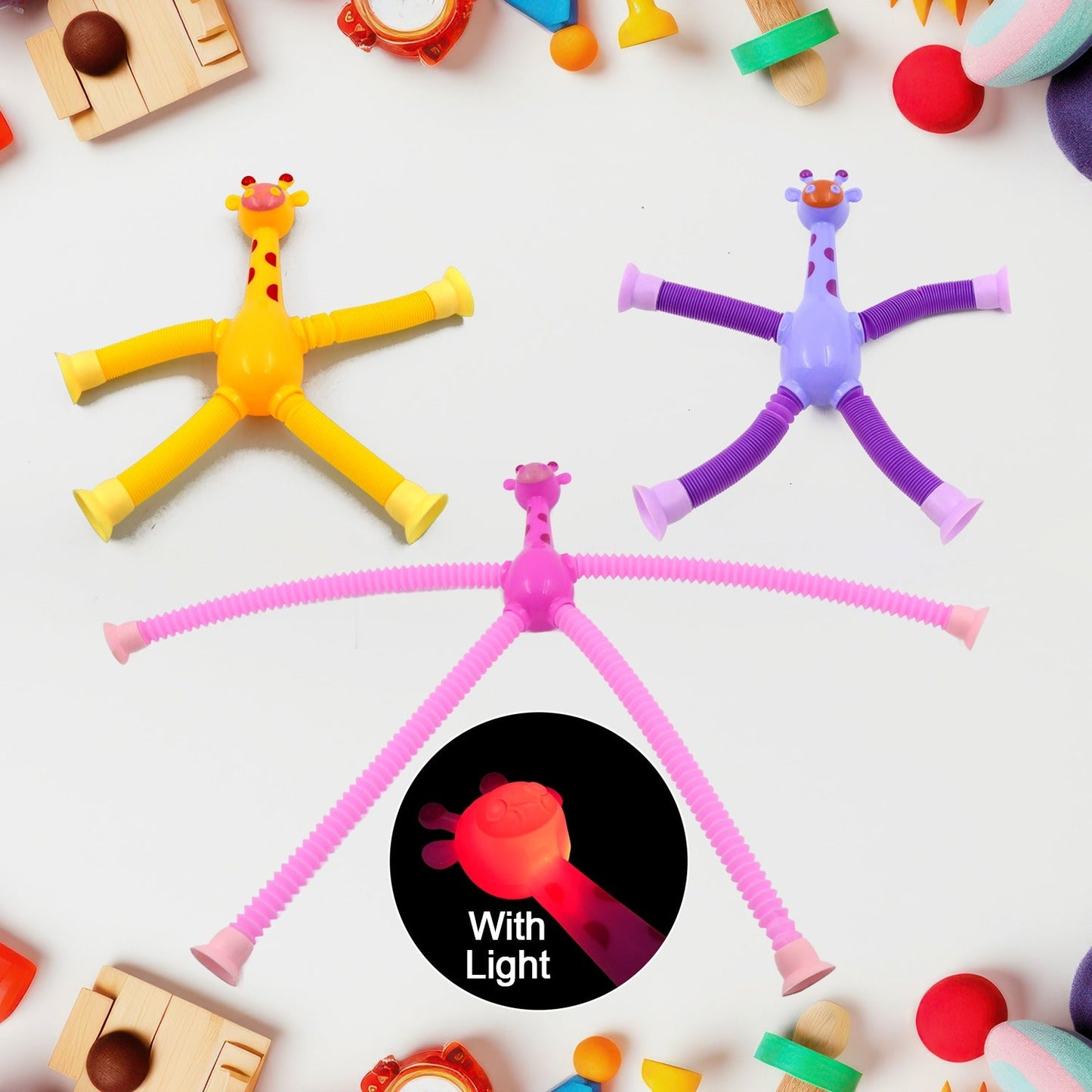 LED Telescopic Suction Cup Giraffe Toy, Pop Tubes Fidget Toys, Shape Changing Telescopic Sensory Tubes Fidget Tubes Sensory Toys Suction Toy, Funny Gift (3 Pcs Set)