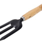 Steel hand weeding fork with black handle.