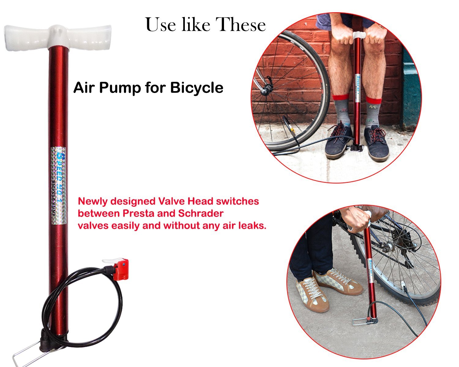 Steel air pump, strong and reliable for inflating tires and other items.