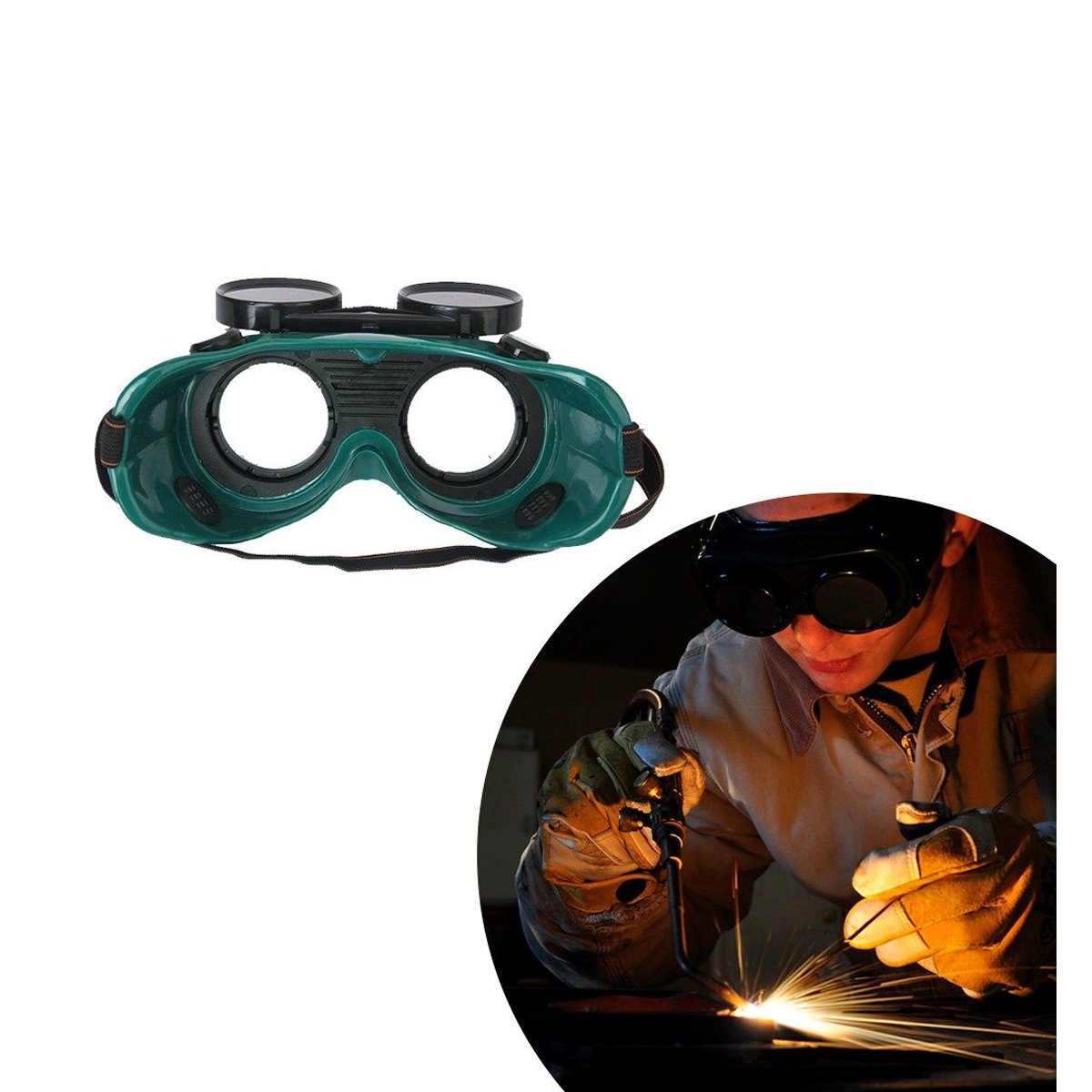 Durable dark green welding goggles, large fit.