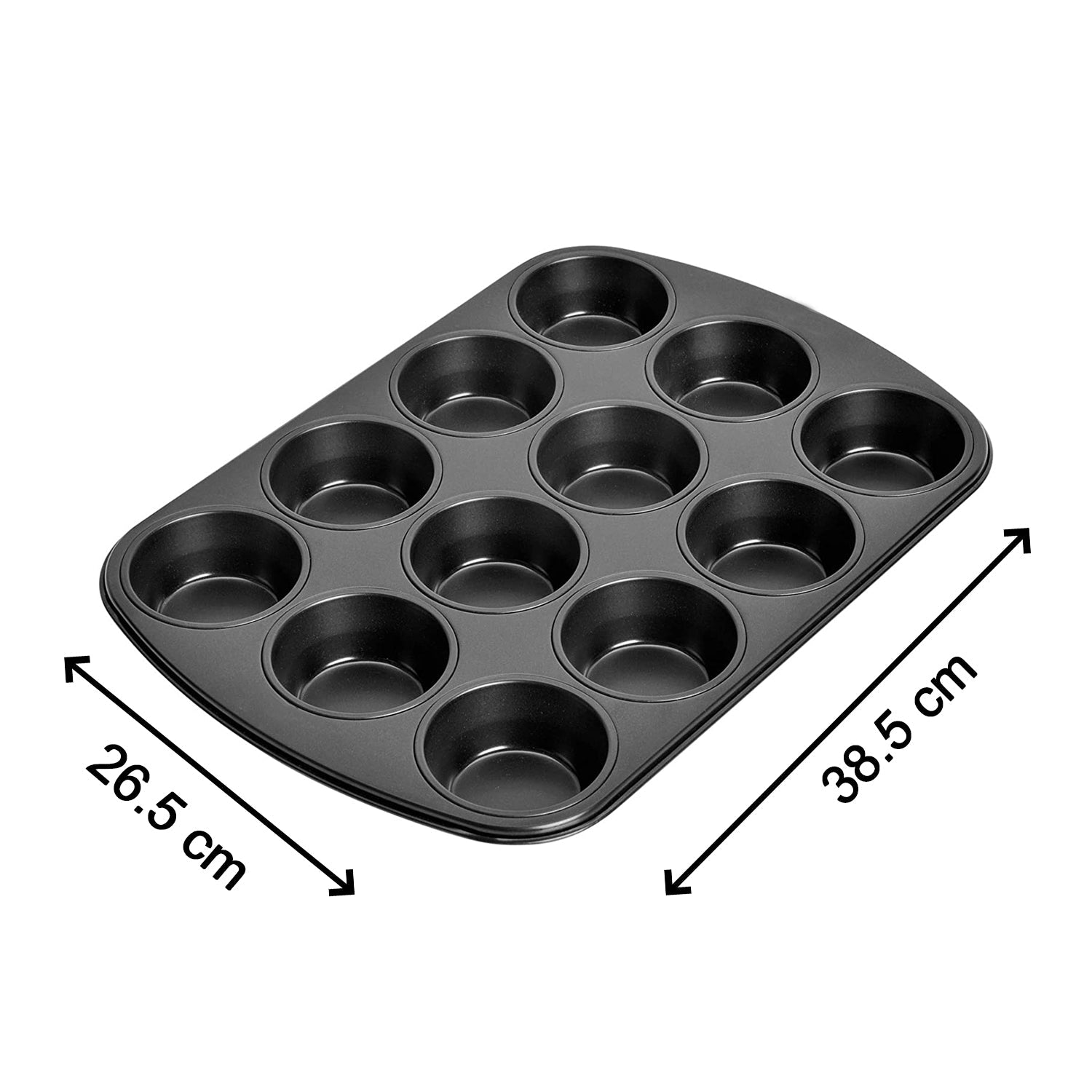 Side view of the aluminium cupcake pan with 12 cup cavities, emphasizing its design and construction