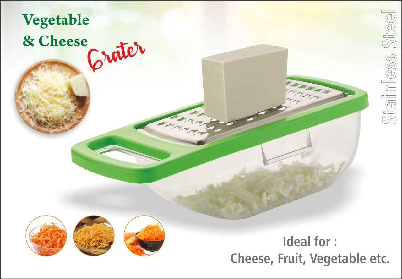 Versatile cheese grater with stainless steel blades for various cutting tasks.