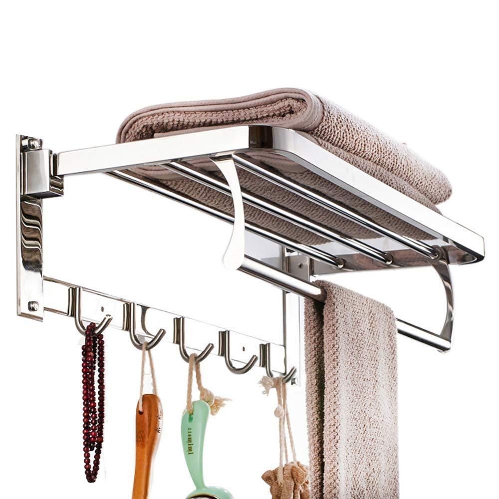 Wall-mounted stainless steel towel rack with a foldable design for bathroom storage.