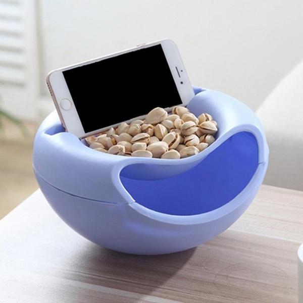 Snack platter with a phone holder, ideal for home entertainment.