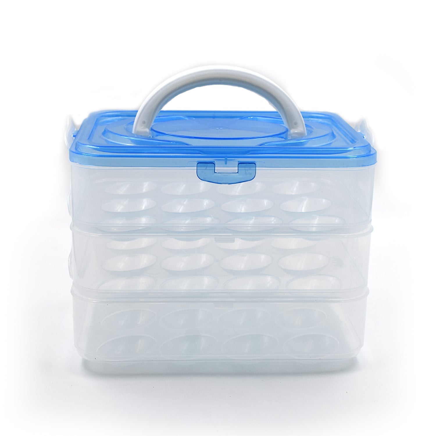 3-layer plastic egg storage box with 36 grids, designed for organizing eggs in the refrigerator