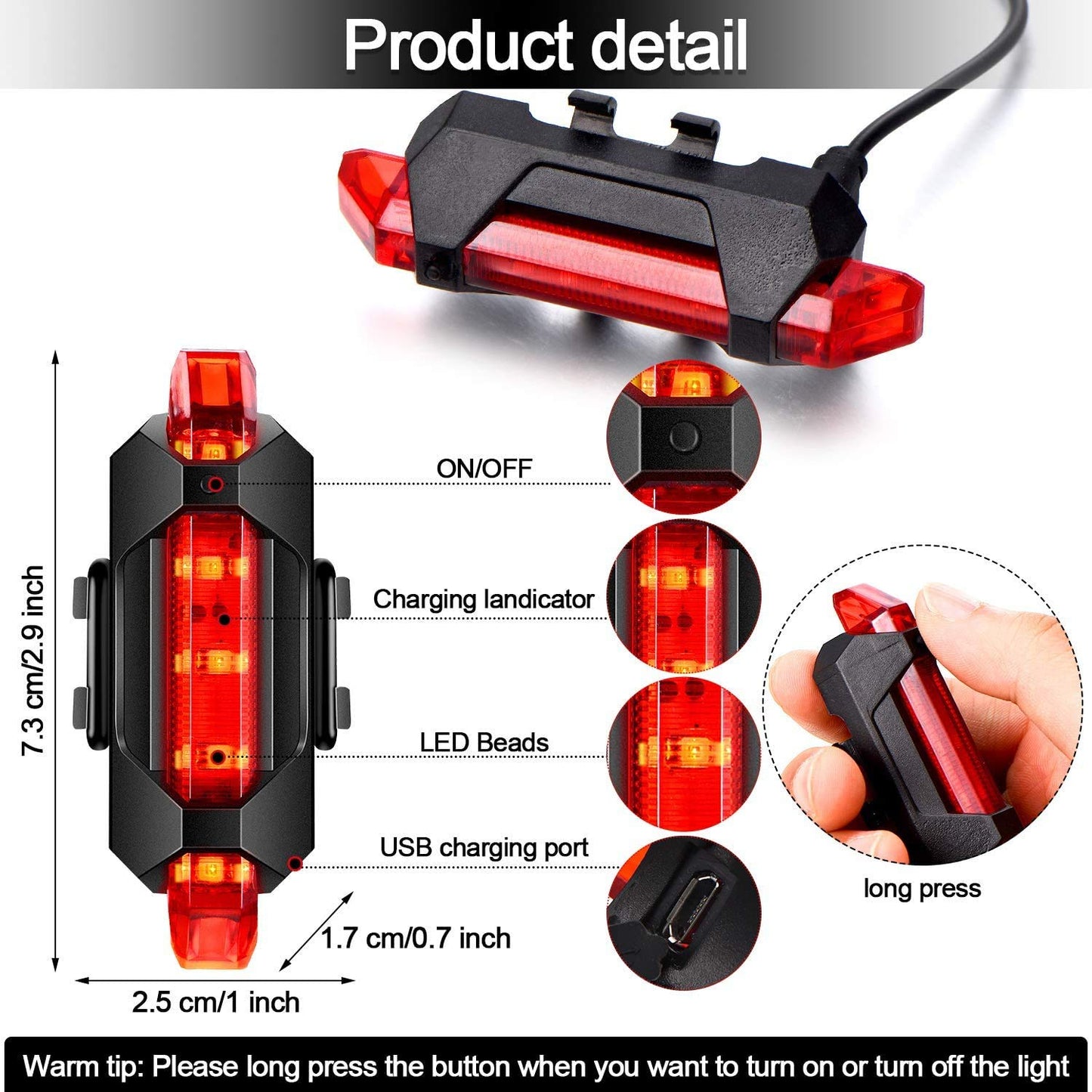 Compact red waterproof LED light for bicycle front.