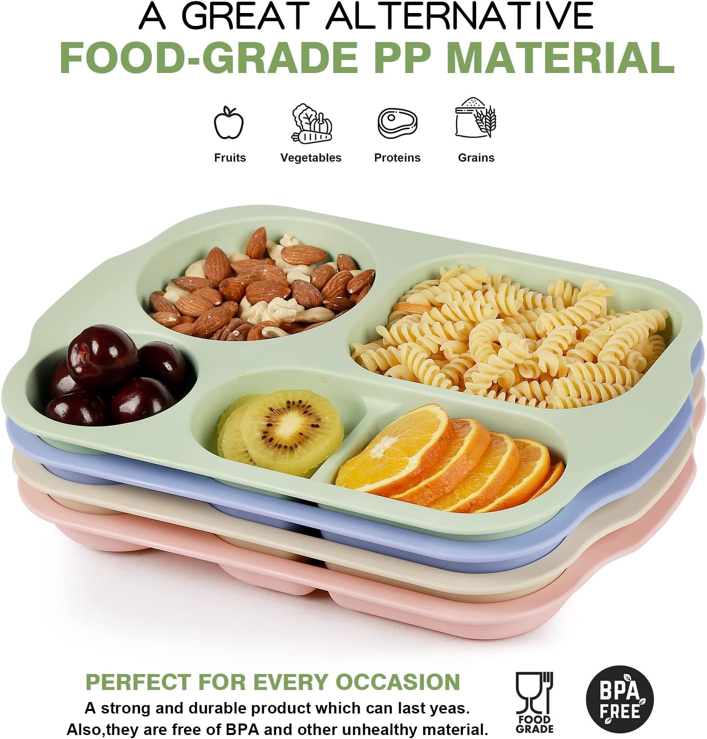 5-compartment split plates, 32 cm, shatterproof, modern design for both kids and adults.