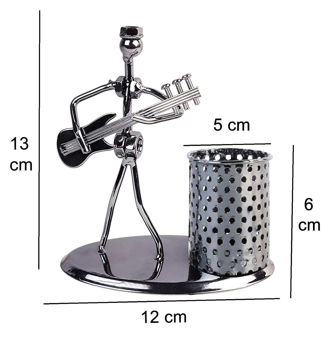 Pen stand with iron musician playing bass guitar, showpiece.