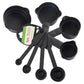 Black plastic measuring cups and spoons set.