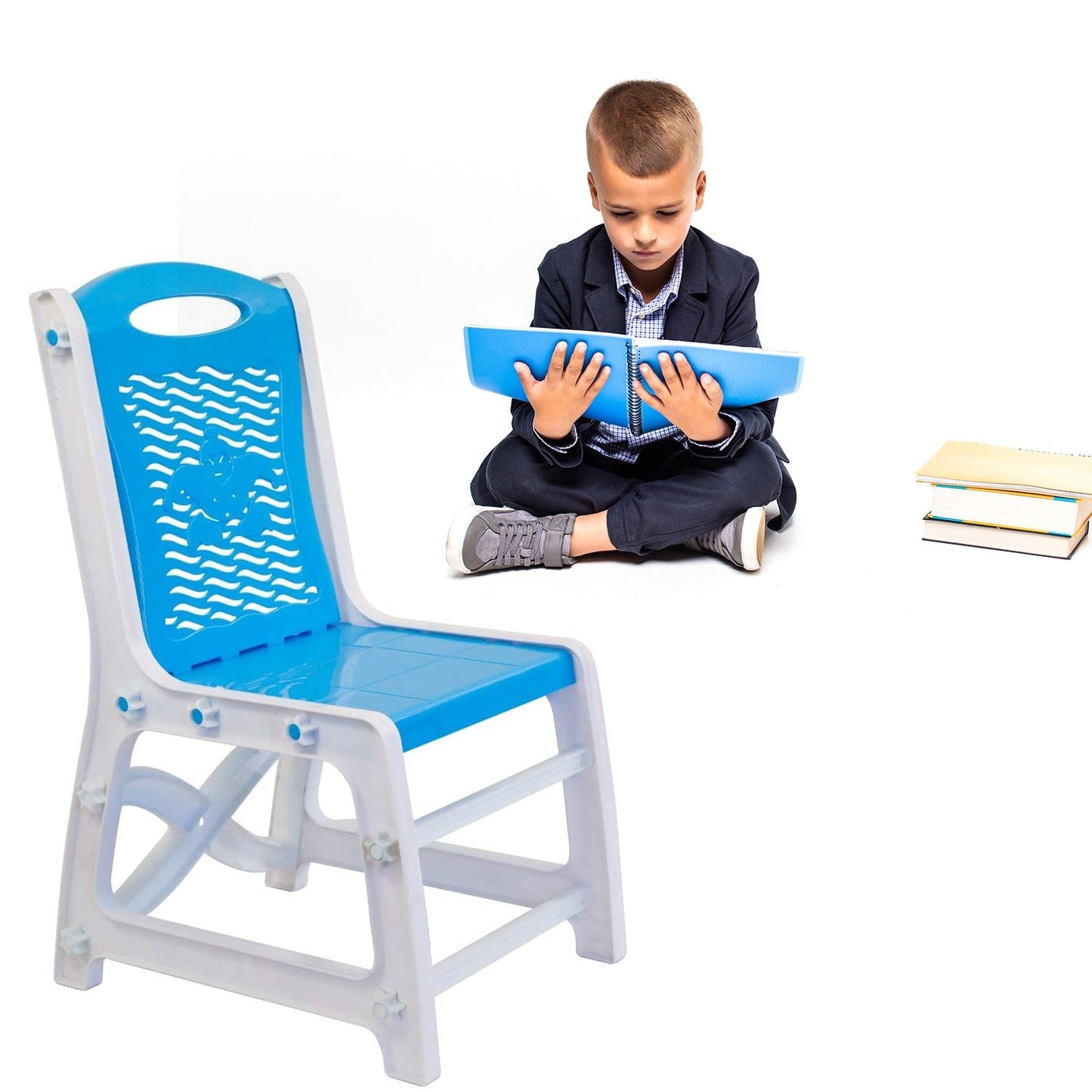 Blue plastic study table and chair set with a pencil box, ideal for children's study area.