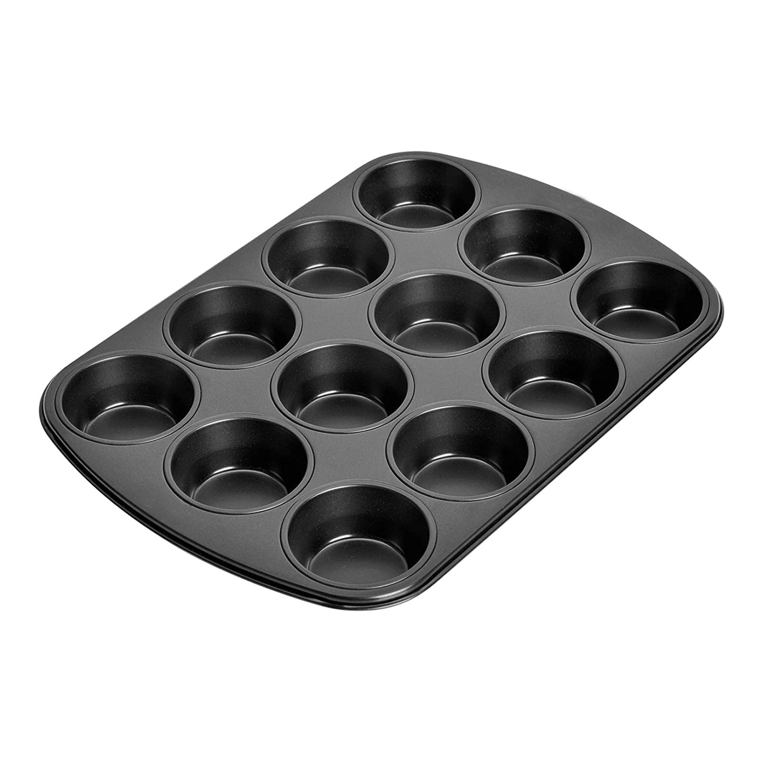 Muffin tray in use with muffins, demonstrating the nonstick feature and even baking